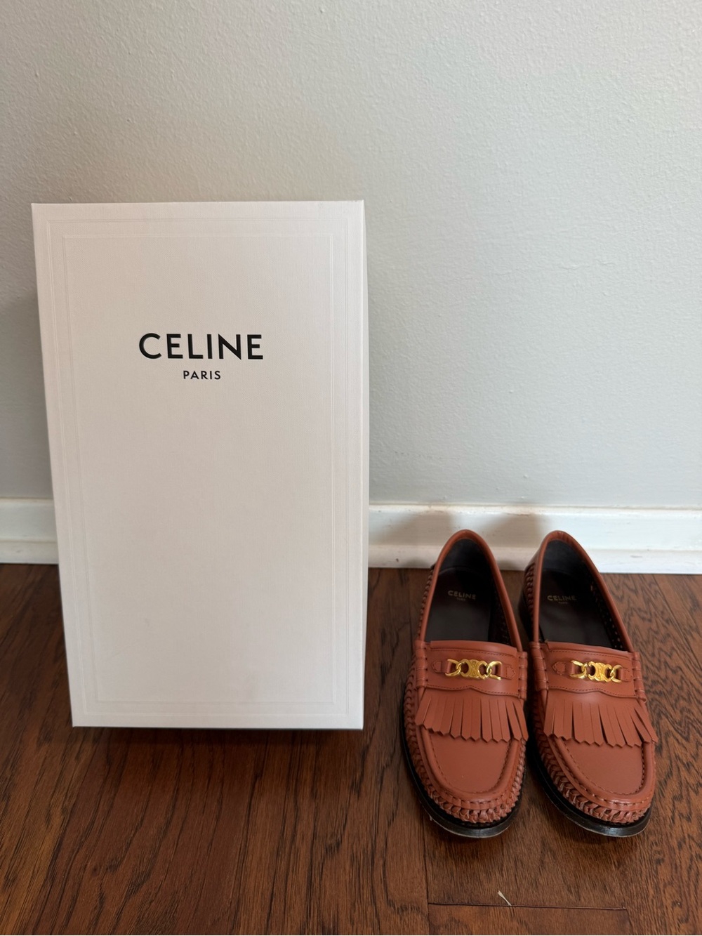 Celine Tan Braided Leather Fringe Loafers with Gold Chain Detail